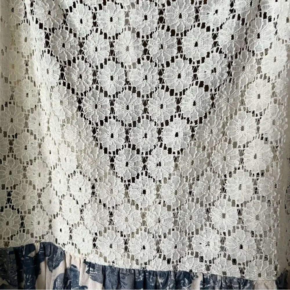 Free People Moon River Floral Peasant Top Blue Ivory Lace Oversized